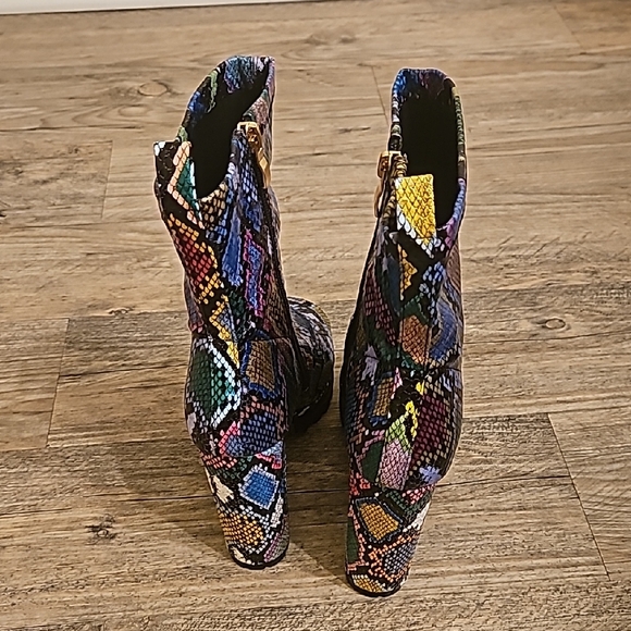 Multicolor Snake-Print Peep-Toe Ankle Booties with Block Heel - Picture 3 of 6